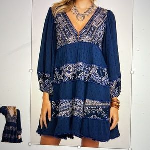 Free People My Love Mini Boho 3/4 blouson sleeve, Indigo Blue, pompom, V neck.